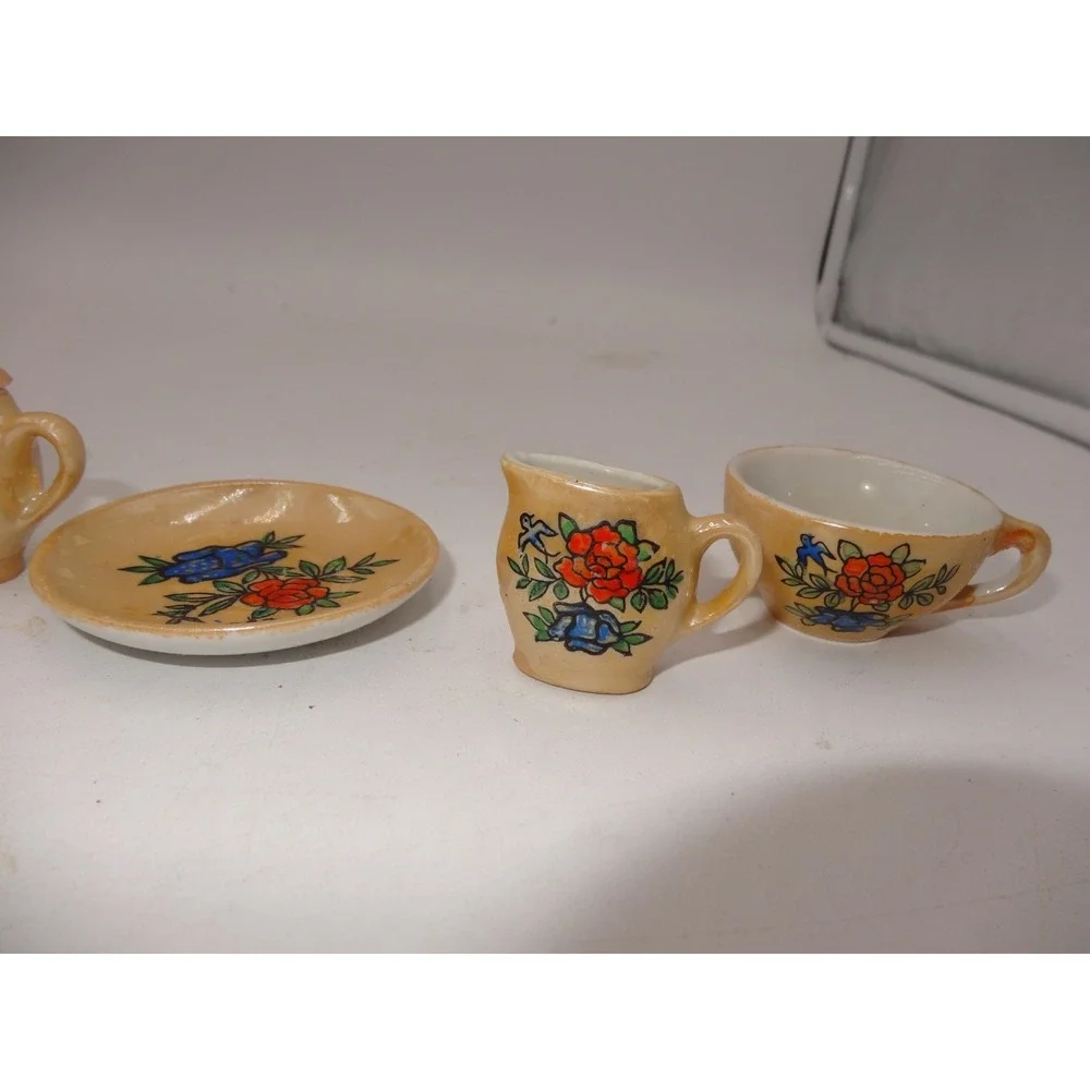 Vintage Lusterware Childs Floral Porcelain 10 Piece Orange/Peach &‎ Blue TeaSet
